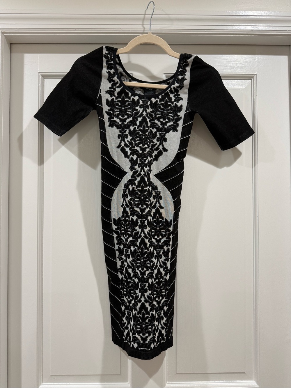 bebe Black and White Damask-Panel Midi Dress